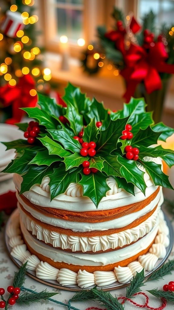 A festive holly Christmas cake with green leaves and red berries on a holiday table.